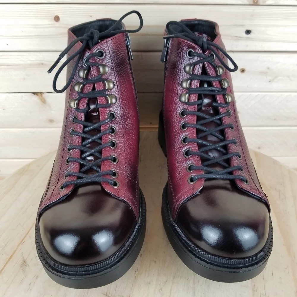 Men's Boots 9 M 100% Genuine Leather Burgundy Biker Paul Branco Side Zip Lace-up